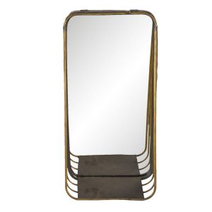 Zlaté podlouhlé zrcadlo v kovovém rámu s dřevěnou poličkou Gold - 19*11*39 cm Clayre & Eef  - -