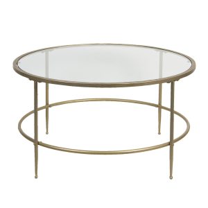 Zlatý kovový konferenční stolek se skleněnou deskou Akantha – Ø 85*46 cm  Clayre & Eef  - -
