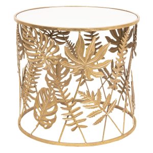 Zlatý odkládací stolek s listy - Ø 61*56 cm Clayre & Eef  - -