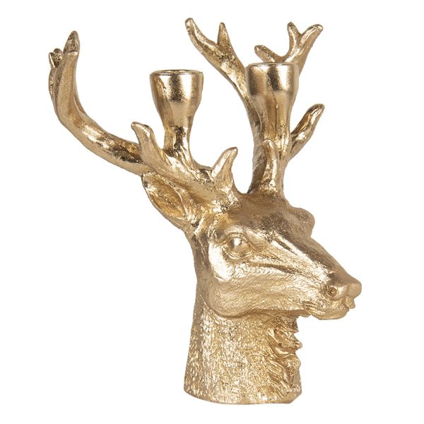 Zlatý svícen hlava jelena s patinou - 22*21*24 cm Clayre & Eef  - -