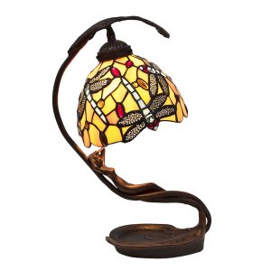 Žlutá stolní lampa Tiffany Jess s vážkou- 28*20*40 cm E14/max 1*25W Clayre & Eef  - -