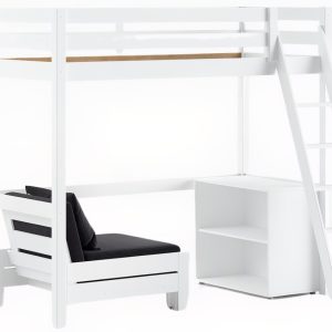 Bílá borovicová patrová postel Vipack Pino 90 x 200 cm s rozkládacím křeslem a knihovnou  - Výška postele190 cm- Šířka postele 209