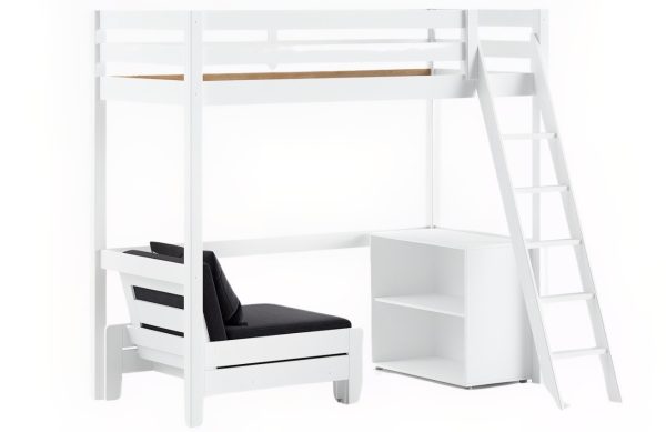 Bílá borovicová patrová postel Vipack Pino 90 x 200 cm s rozkládacím křeslem a knihovnou  - Výška postele190 cm- Šířka postele 209