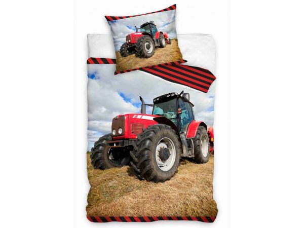 TipTrade Bavlněné povlečení 140x200 + 70x90 cm - Červený traktor na poli  - MateriálBavlna- Barva Červené