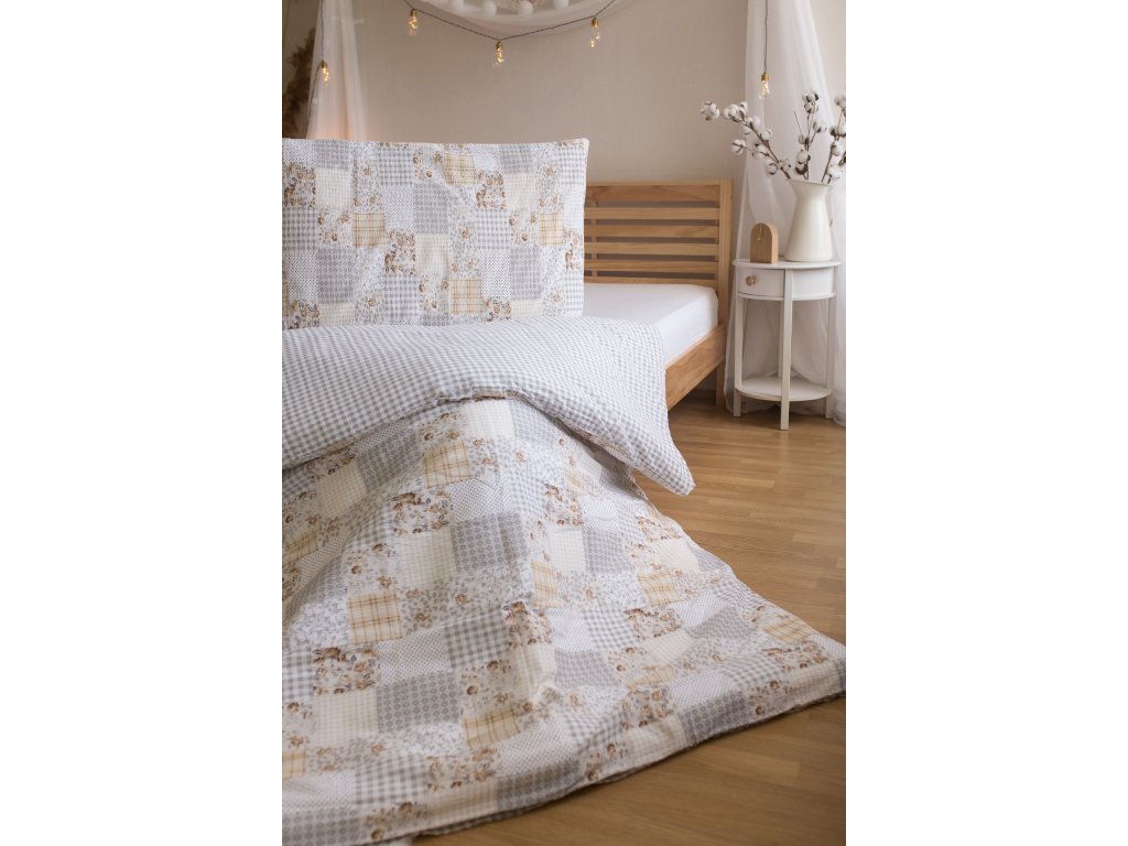 Jerry Fabrics Bavlněné povlečení 140x200 + 70x90 cm - Patchwork béžová  - MateriálBavlna- Rozměr 140 x 200 cm