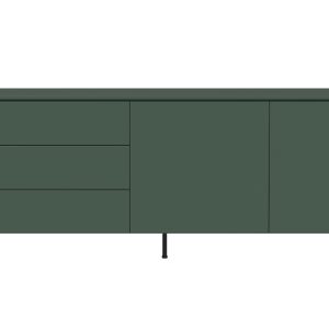 Zelená lakovaná komoda Tenzo Plain 210 x 45 cm s dřevěnou podnoží  - Výška76 cm- Šířka 210 cm