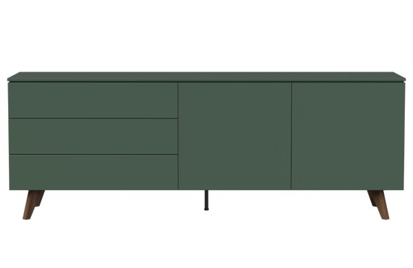 Zelená lakovaná komoda Tenzo Plain 210 x 45 cm s dřevěnou podnoží  - Výška76 cm- Šířka 210 cm