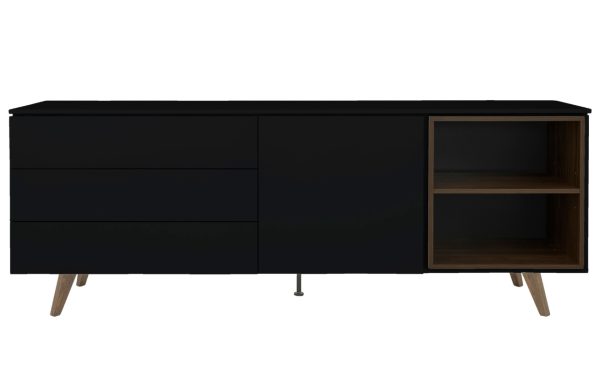 Černá lakovaná komoda Tenzo Plain II. 210 x 45 cm s dřevěnou podnoží  - Výška76 cm- Šířka 210 cm