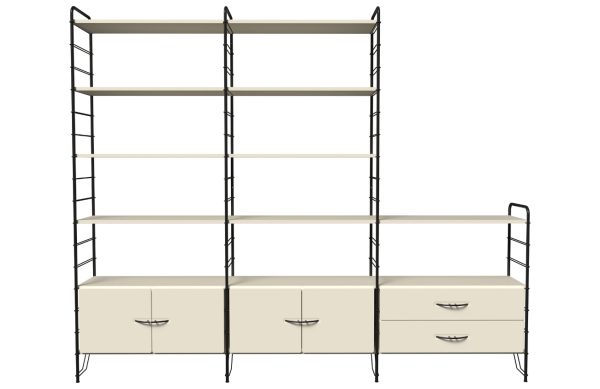 Krémově bílý regál s dvířky a zásuvkami Tenzo Dakota 204 x 249 cm  - Výška204 cm- Šířka 249 cm