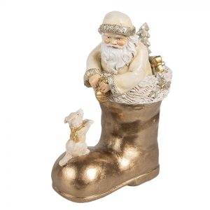 Béžová vánoční dekorace Santa ve zlaté botě - 12*7*16 cm Clayre & Eef  - -