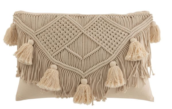 Béžový polštář s drhaným vzorem a střapci Macramé Cosy  - 47*16*36 cm J-Line by Jolipa  - -