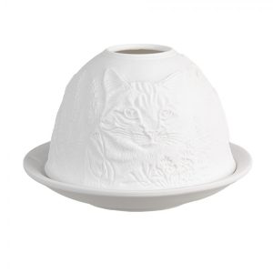 Bílý porcelánový svícen na čajovku kočička s koťátky Paollo - Ø 12 * 8 cm Clayre & Eef  - -