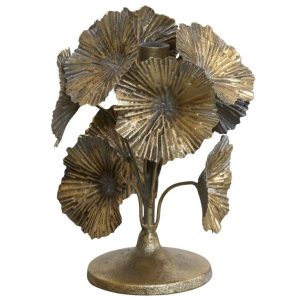 Bronzový antik kovový svícen zdobený květy Flower - Ø 14*20cm Chic Antique  - -