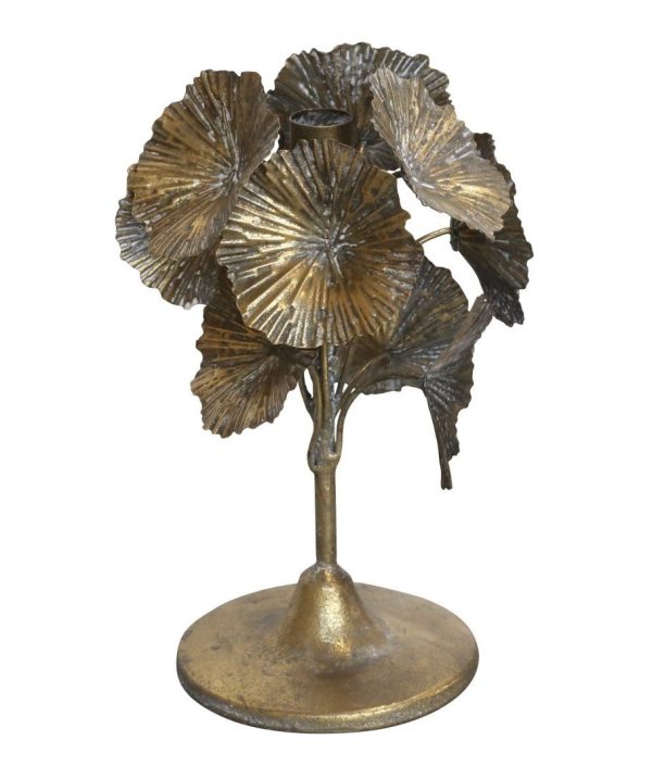 Bronzový antik kovový svícen zdobený květy Flower - Ø 18*24cm Chic Antique  - -