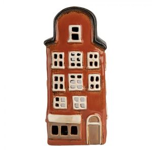 Červený keramický svícen na čajovou svíčku domek Amster Village - 12*9*25 cm Clayre & Eef  - -