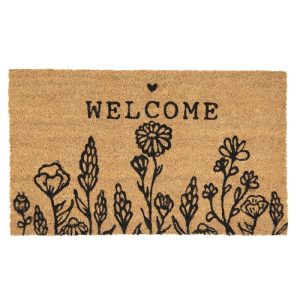 Hnědá kokosová rohožka s kytičkami Welcome - 75*45*1 cm Clayre & Eef  - -