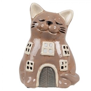 Hnědý keramický svícen domek ve tvaru kočky - 14*12*18 cm Clayre & Eef  - -