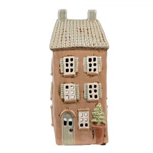 Hnědý keramický svícen na čajovou svíčku domek Amster Village - 12*9*28 cm Clayre & Eef  - -