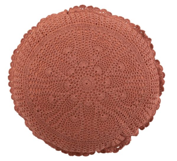 Hnědý kulatý bavlněný polštář s krajkou Lace brown - Ø 38*12cm J-Line by Jolipa  - -