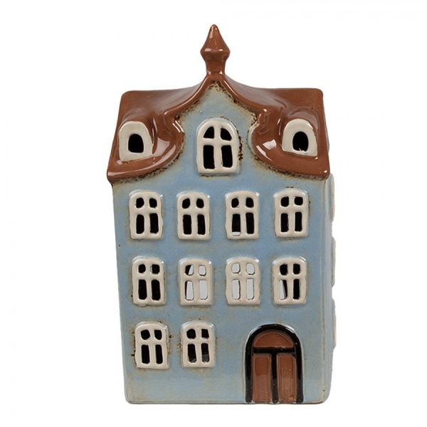 Modrý keramický svícen na čajovou svíčku domek Amster Village - 13*9*22 cm Clayre & Eef  - -