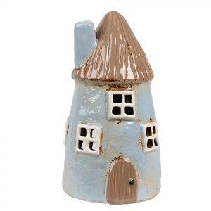 Modrý keramický svícen na čajovou svíčku domek Amster Village - Ø 9*16 cm Clayre & Eef  - -