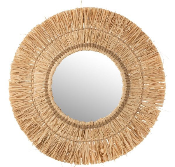 Nástěnné kulaté zrcadlo v rámu z přírodní trávy Raffia natural - 61*2