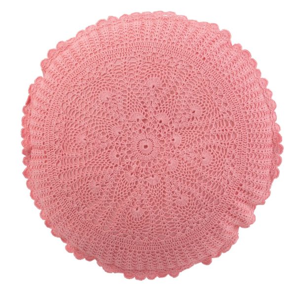 Růžový kulatý bavlněný polštář s krajkou Lace pink - Ø 38*12cm J-Line by Jolipa  - -