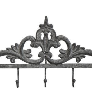 Šedý antik nástěnný věšák s 5-ti háčky a ornamentem - 32*4*21cm Chic Antique  - -