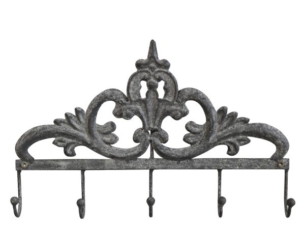 Šedý antik nástěnný věšák s 5-ti háčky a ornamentem - 32*4*21cm Chic Antique  - -