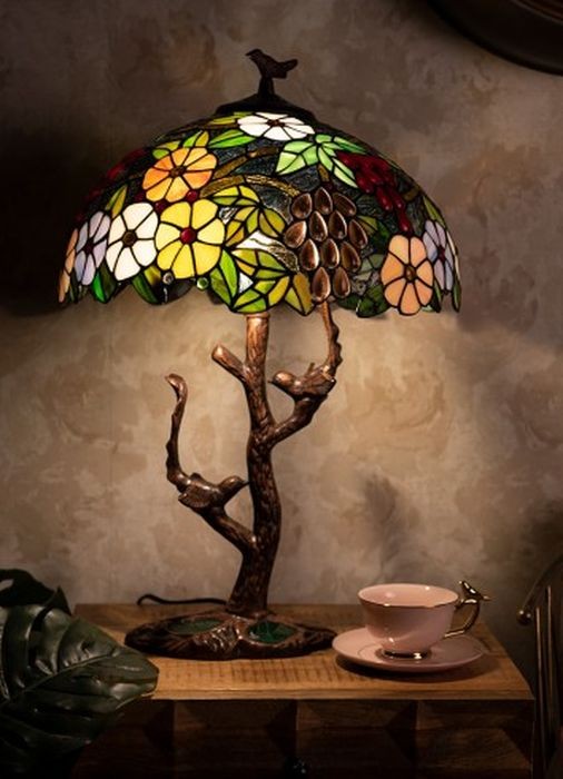 Stolní lampa Tiffany strom s květy a ptáčky Tree flower - Ø 41*57 cm E27/max 2*60W Clayre & Eef  - -