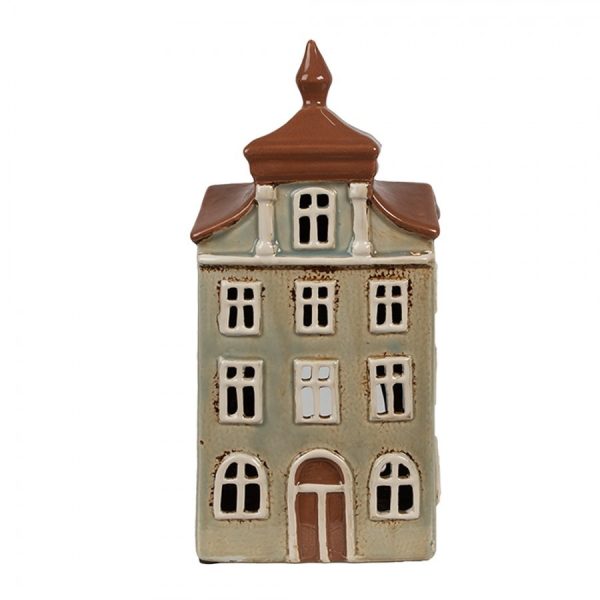 Zelený keramický svícen na čajovou svíčku domek Amster Village - 12*9*25 cm Clayre & Eef  - -