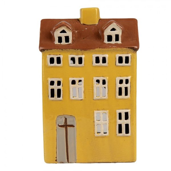 Žlutý keramický svícen na čajovou svíčku domek Amster Village - 12*8*18 cm Clayre & Eef  - -