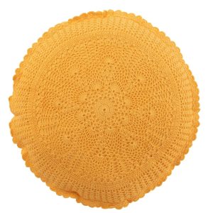 Žlutý kulatý bavlněný polštář s krajkou Lace ochre - Ø 38*12cm J-Line by Jolipa  - -