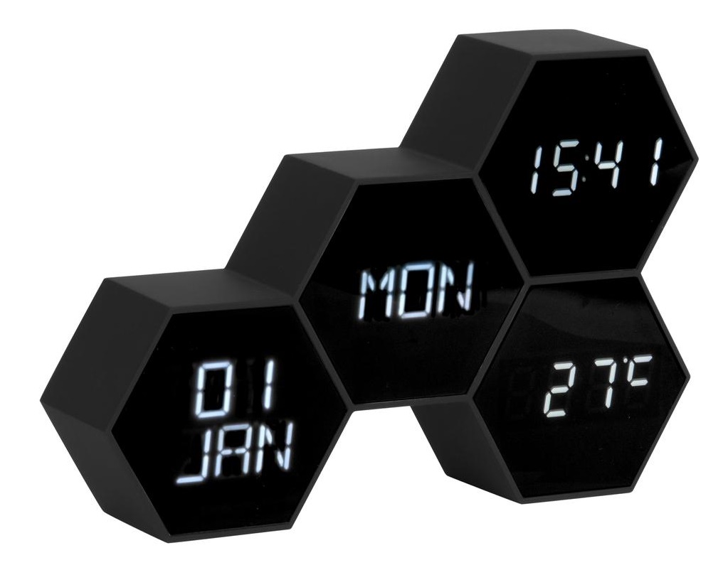 Present time Černý budík Level VI. s bílým LED displejem  - Výška12 cm- Šířka 17