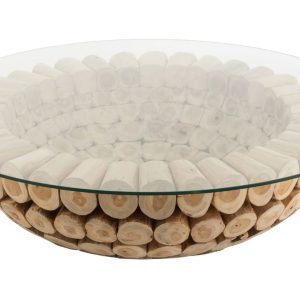 Teakový konferenční stolek J-line Dendor 110 cm se skleněnou deskou - Výška30 cm- Průměr 110 cm