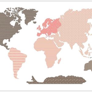 Yellow Tipi Růžová samolepka na zeď World Map 88 x 155 cm  - Výška88 cm- Šířka 155 cm