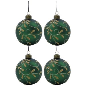 House Doctor Set čtyř zelených skleněných vánočních ozdob Flori 8 cm - Průměr8 cm- Ozdoba Sklo